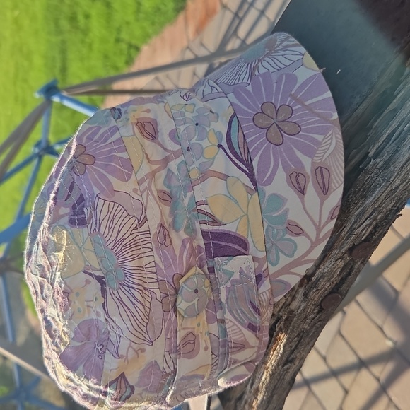 Purple Floral Hat 100% Cotton Elastic Back Purple Yellow Teal Cream Cadet Style - Picture 11 of 12